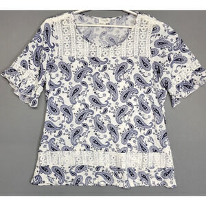 Siren Lily Boho Top Shirt Womens 2X White Blue Paisley Lace Trim Short Sleeve
